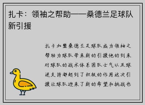 扎卡：领袖之帮助——桑德兰足球队新引援